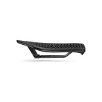 Black Fizik Transiro Aeris bicycle saddle with honeycomb pattern on white background