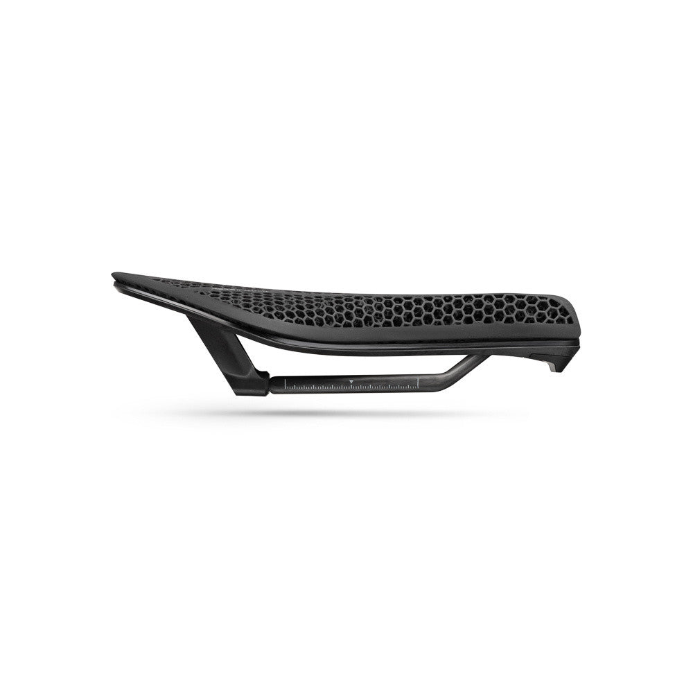 Black Fizik Transiro Aeris bicycle saddle with honeycomb pattern on white background