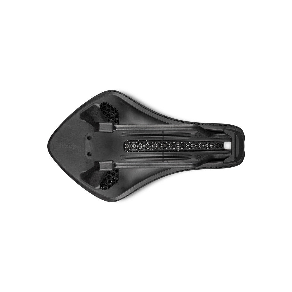 Fizik Transiro Aeris LD R1 Adaptive bicycle saddle in black, bottom view showing rails