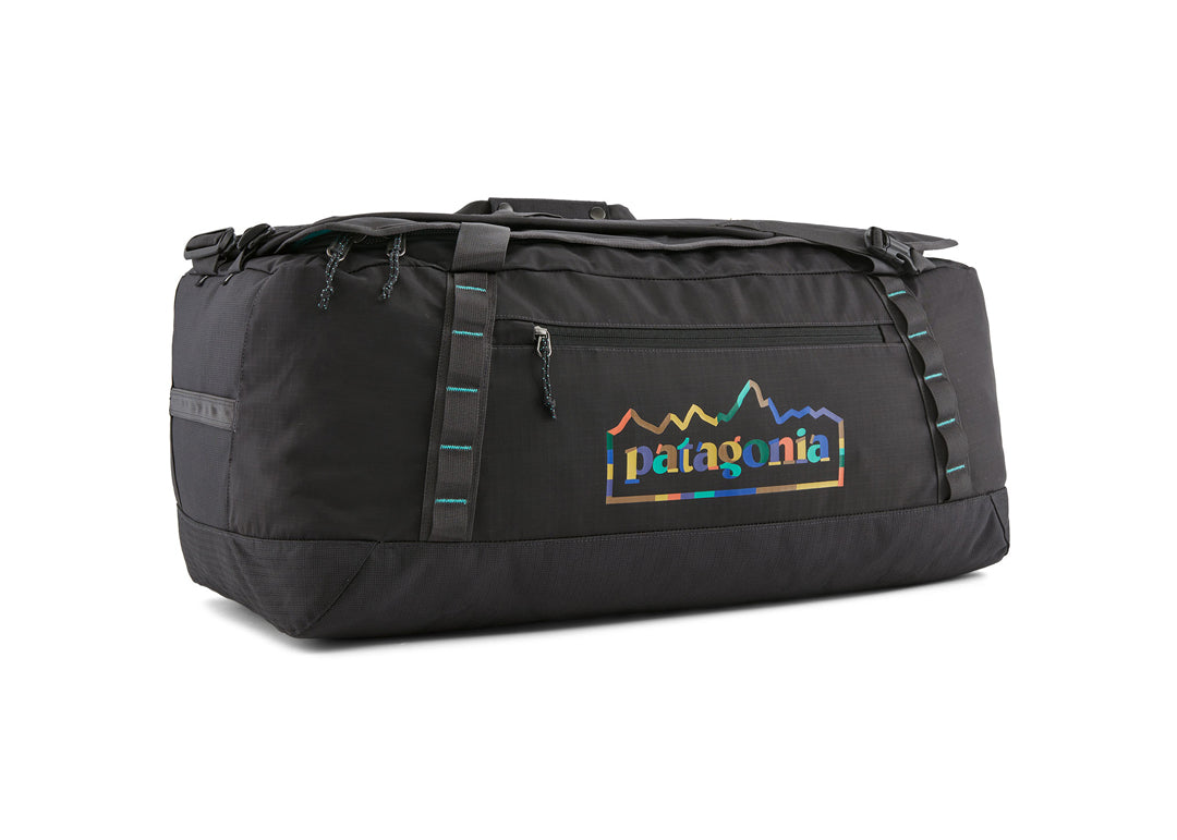 Patagonia Black Hole Duffel 70L in black with colorful rainbow logo