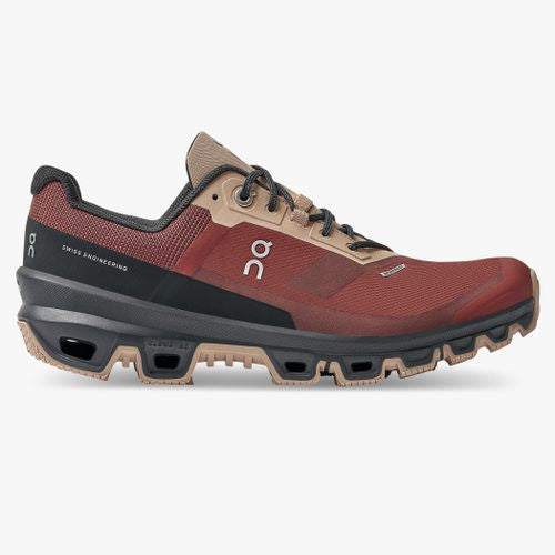 On Cloudventure Waterproof running shoe in ruby red and magnet gray colorway