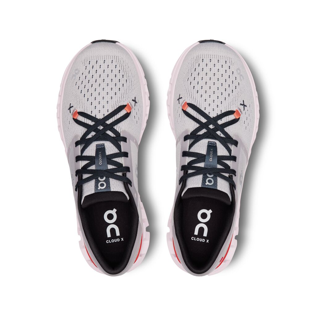 On Cloud X 4 women's running shoes in silver with flame orange accents, top view