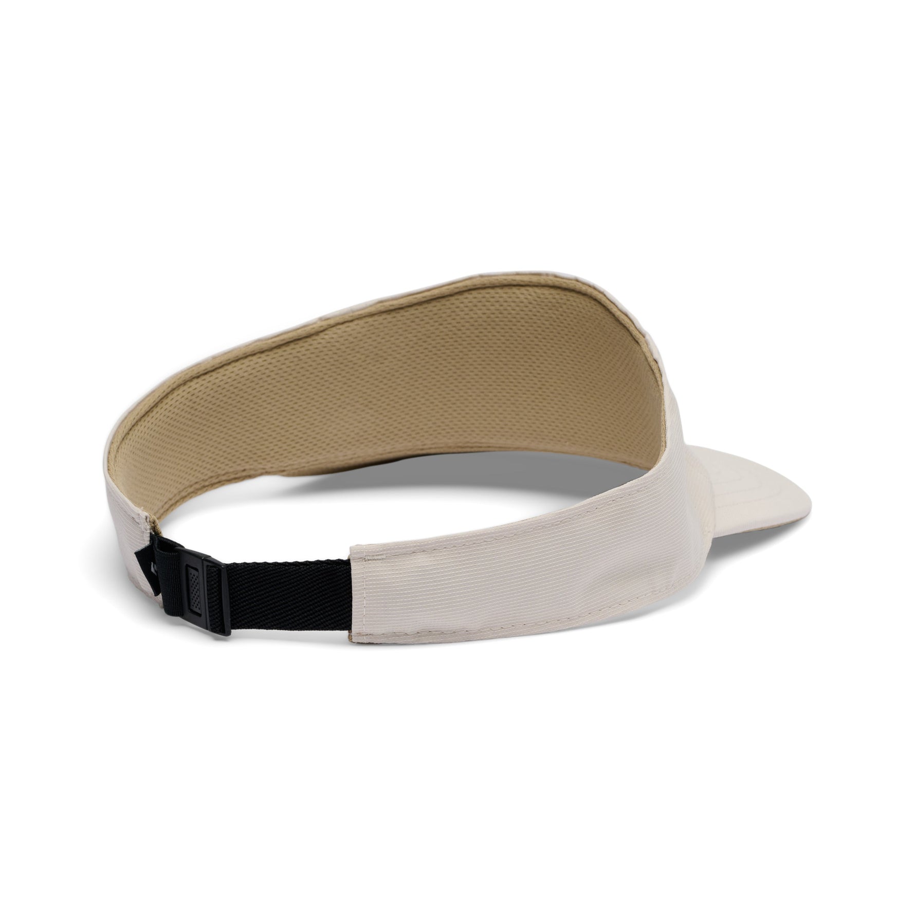 White visor with adjustable black strap and curved brim on clean background