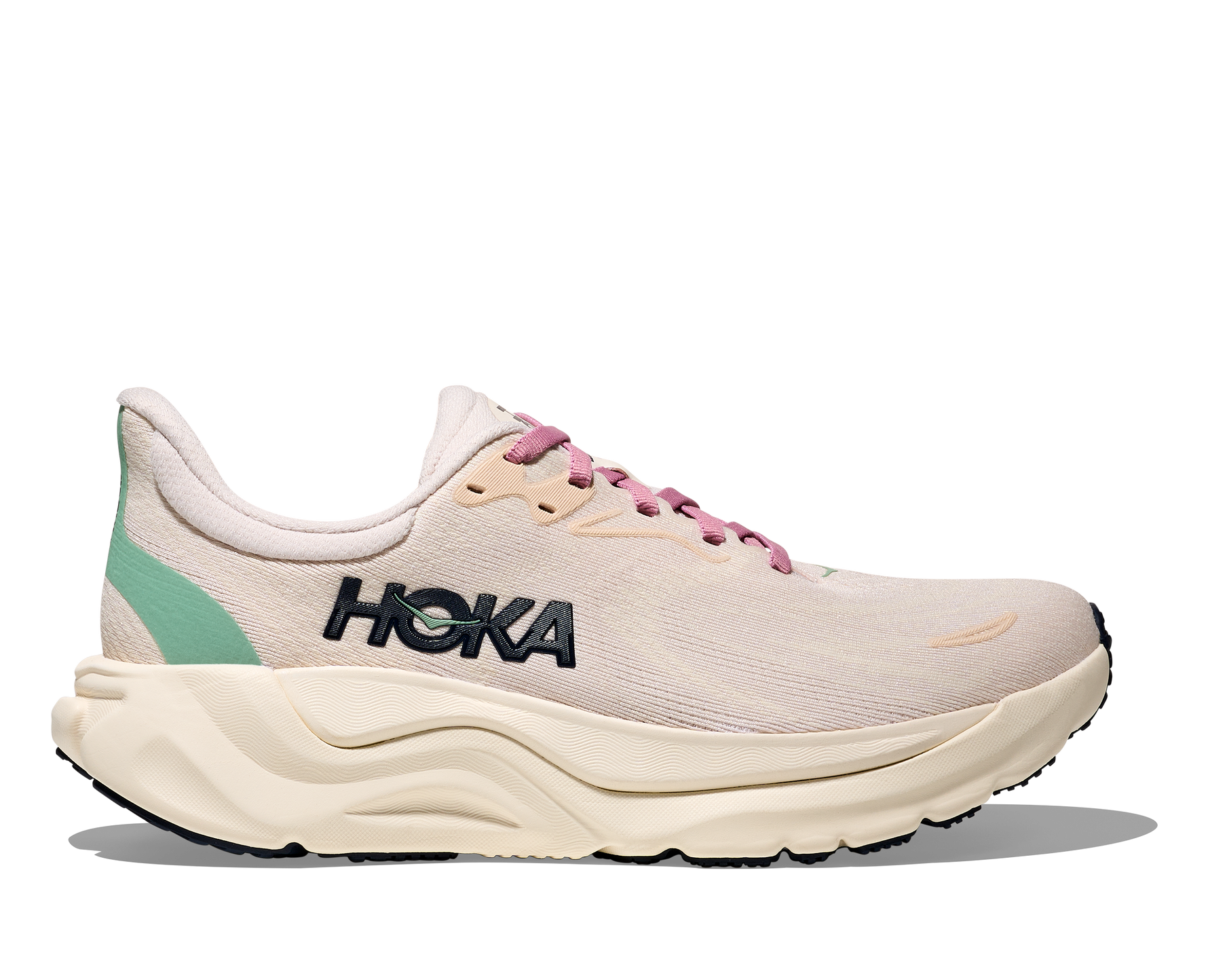 HOKA Arahi 8 Women's running shoe in rose cream colorway with mint accents