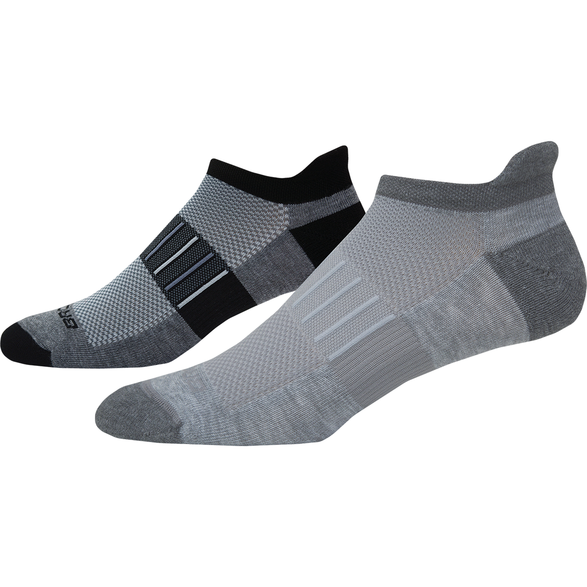 Two Brooks Ghost running socks in grey and black colorway on white background