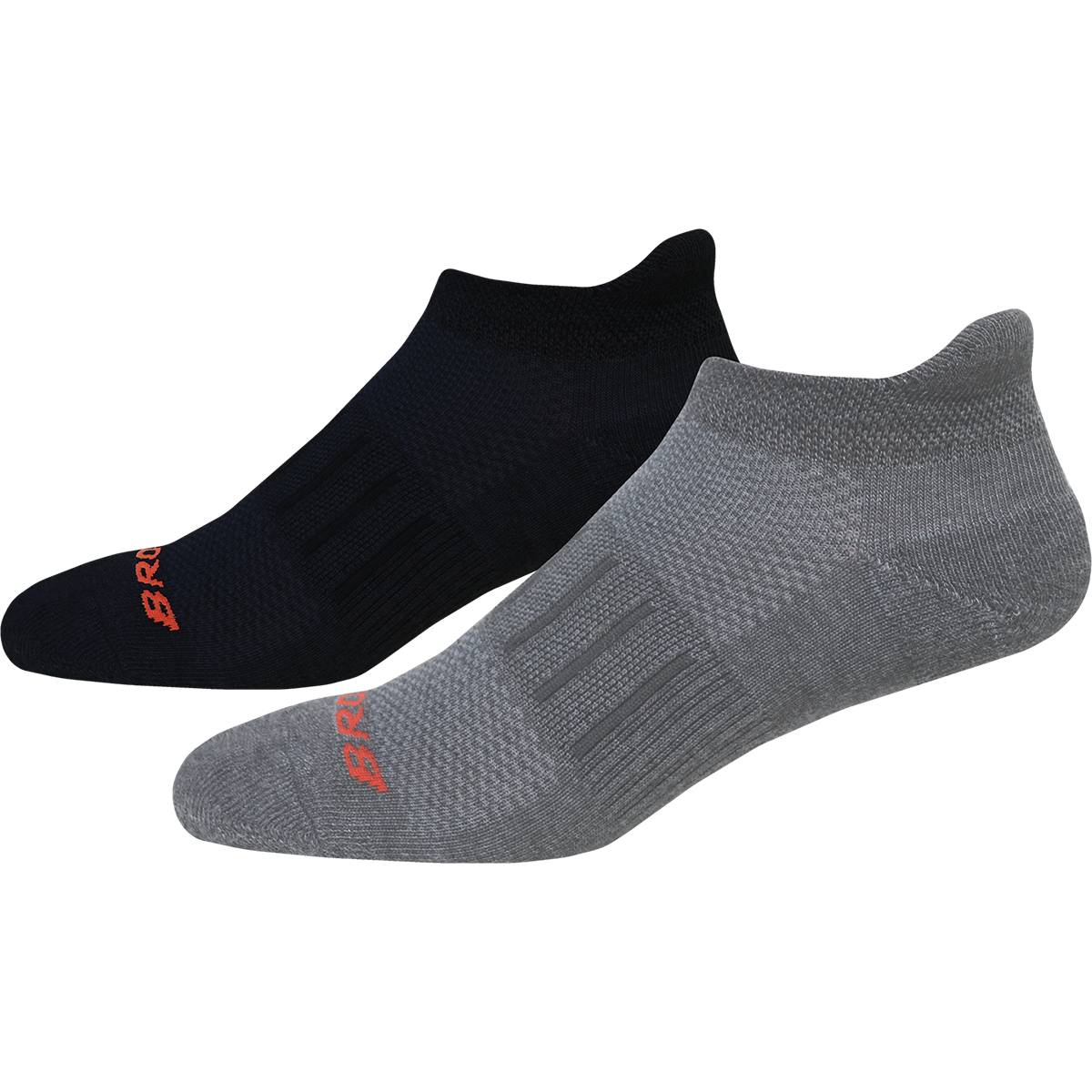 Brooks Ghost Midweight 2-pack no-show socks in black and grey with red logo