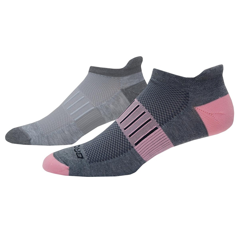 Two Brooks running socks in grey with pink heel and toe accents