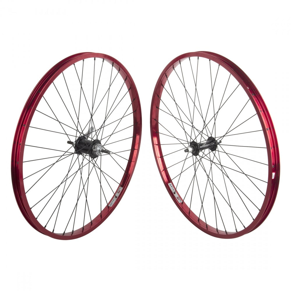 Wheel Master 26 inch bicycle wheelset with red anodized rims and black spokes