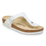 White Birkenstock Gizeh thong sandal with buckle strap and cork footbed
