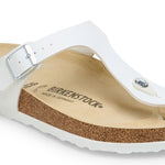 White Birkenstock Gizeh thong sandal with adjustable strap and cork footbed