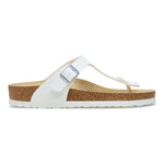 White Birkenstock Gizeh thong sandal with cork footbed and buckle strap