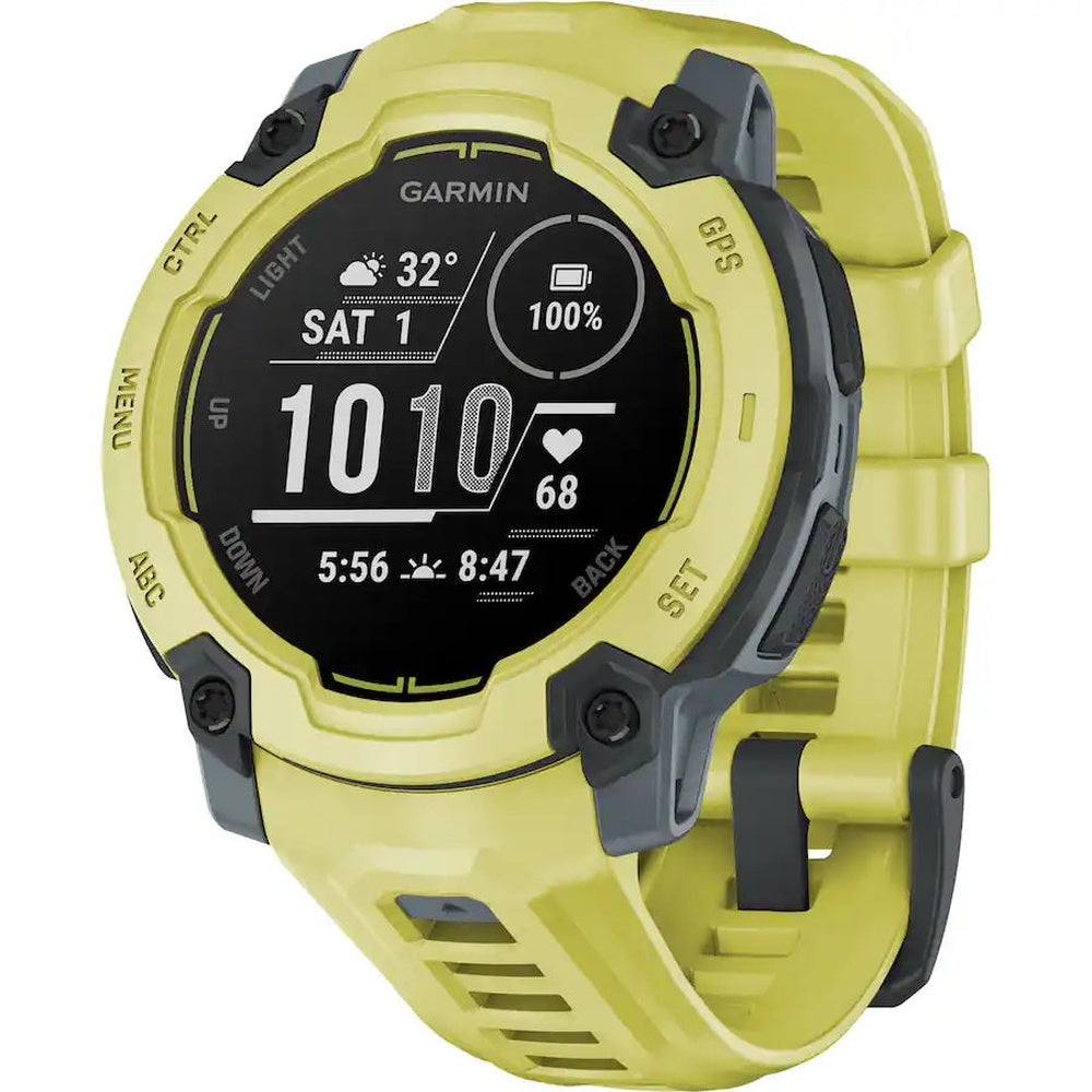 Garmin Instinct E smartwatch in electric lime color with digital display showing fitness data