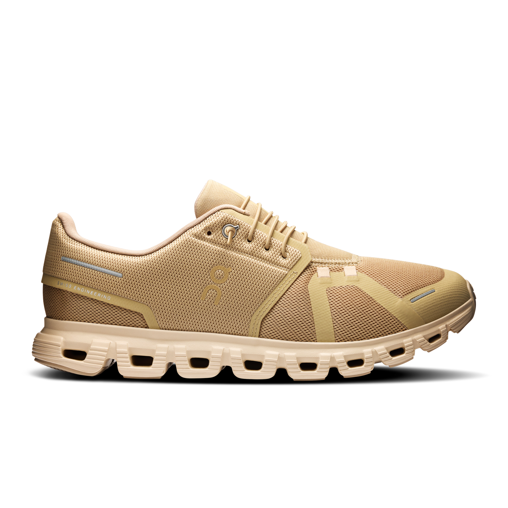 On Cloud 5 men's running shoe in chai sand colorway, lateral side view