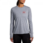 Brooks Distance Long Sleeve women's running shirt in heathered ash gray with chest graphic
