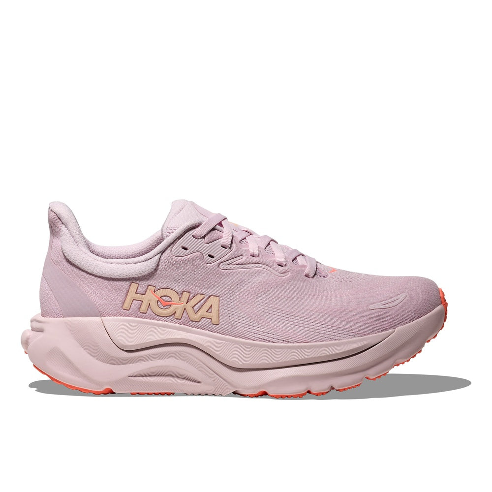 Hoka Arahi 8 women's running shoe in lilac cream with neon cantaloupe accents