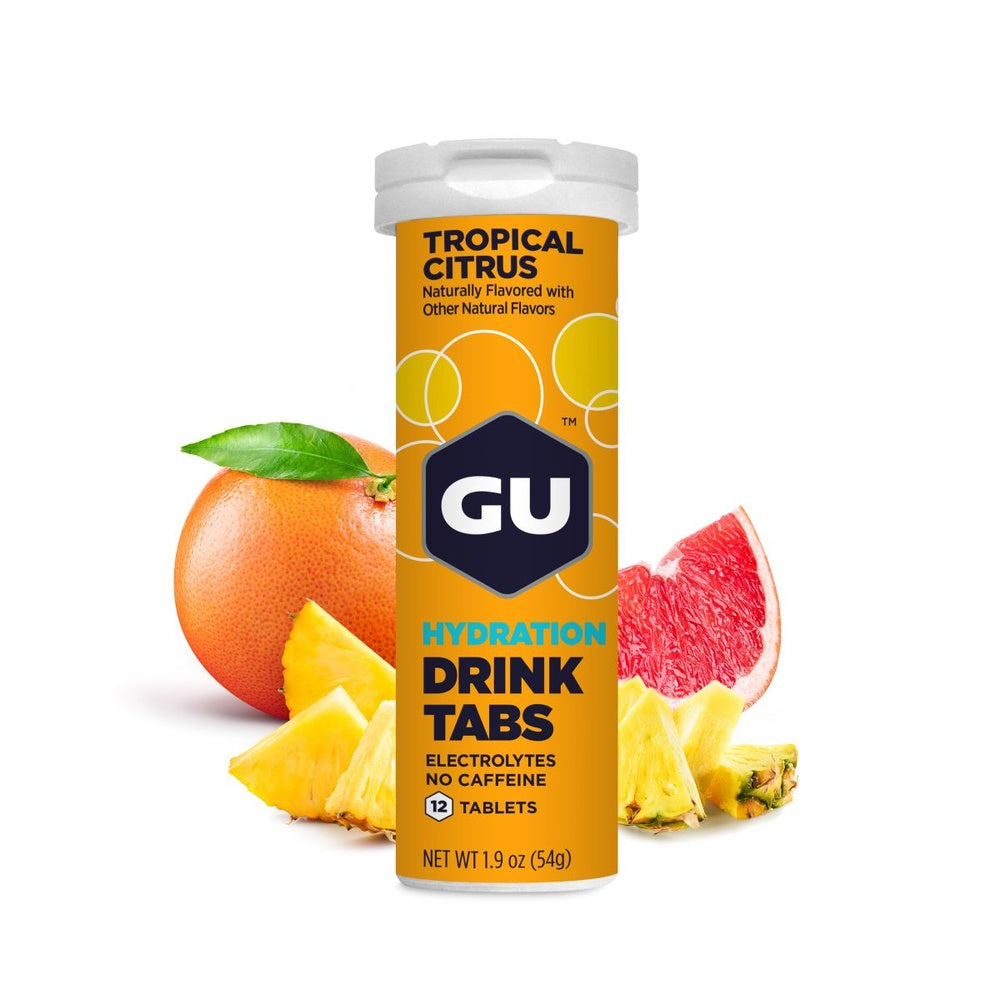 GU Hydration Drink Tabs Tropical Citrus flavor tube with grapefruit and pineapple fruits