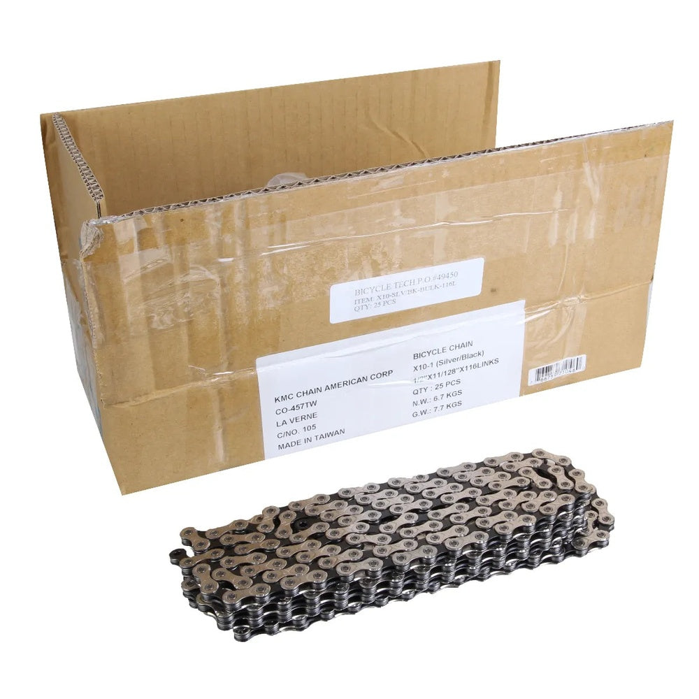 KMC X10 10-speed silver bicycle chain displayed next to bulk cardboard box packaging