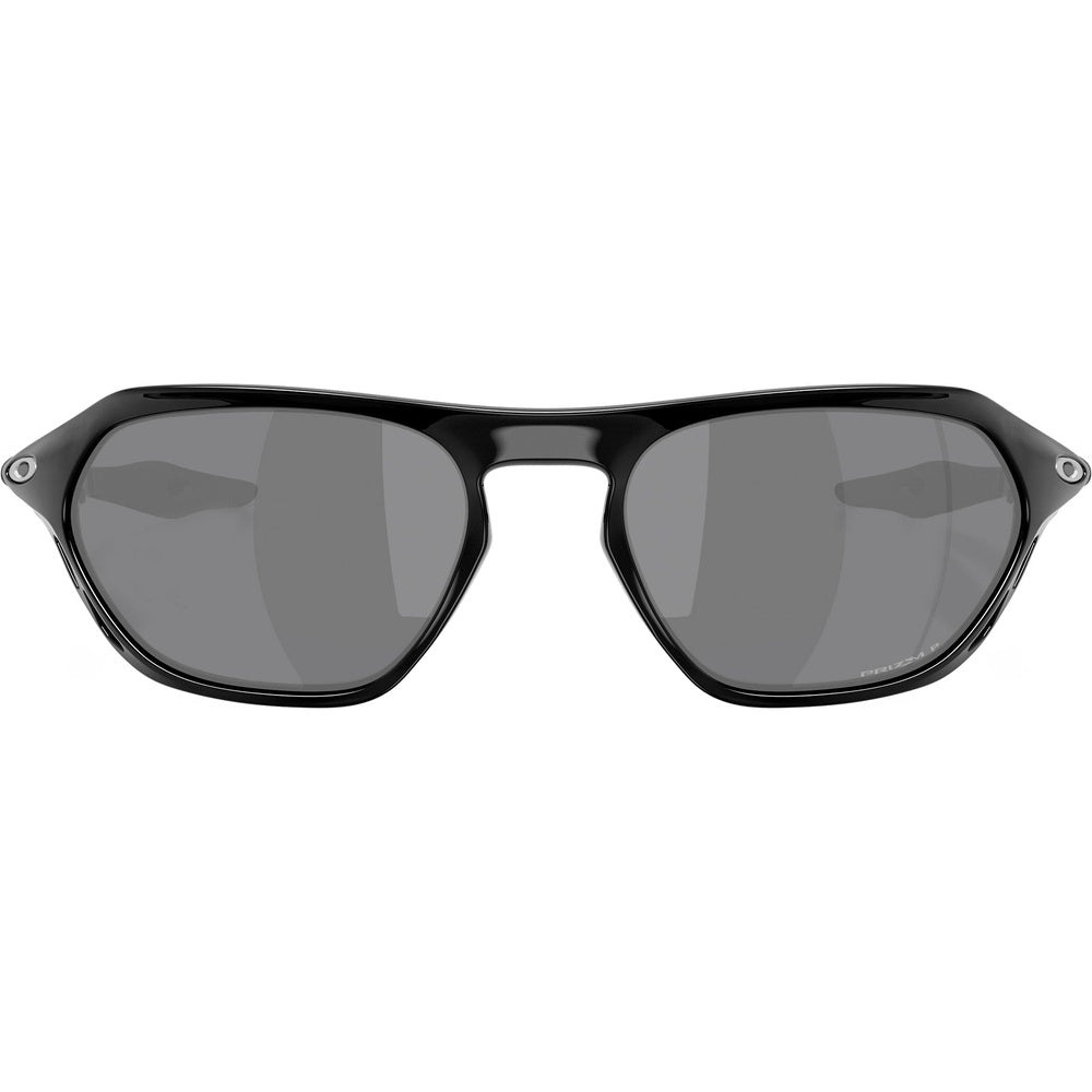 Oakley Cage Jacket sunglasses front view, polished black frame with dark polarized lenses