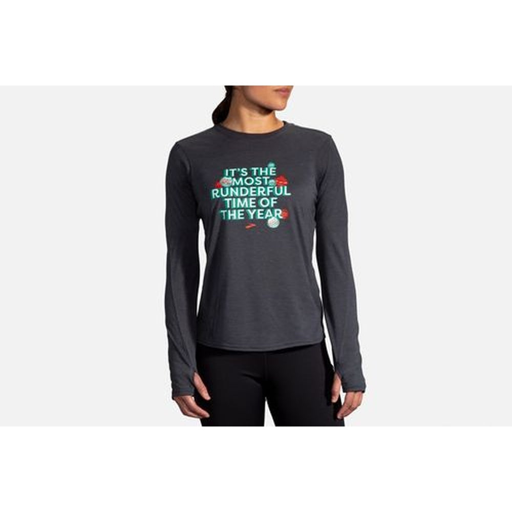 Brooks women's long sleeve running shirt in dark gray with holiday text