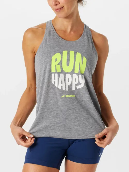 Brooks Distance Tank in heather gray with RUN HAPPY text
