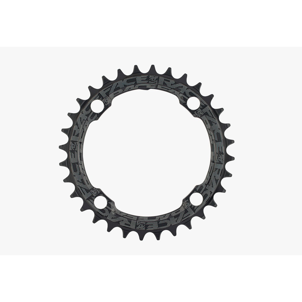 RaceFace Narrow Wide 104x38 chainring in black with decorative pattern detailing