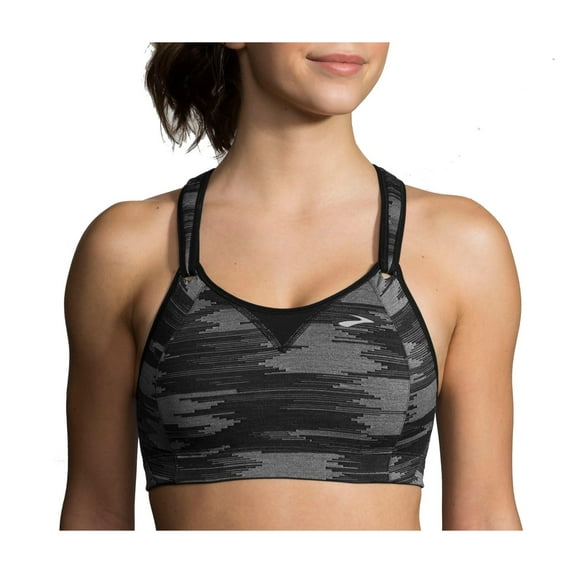 Brooks Rebound Racer Sport Bra in black jacquard pattern on model