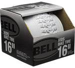 Bell 16-inch white kids bike tire with knobby tread pattern in retail packaging