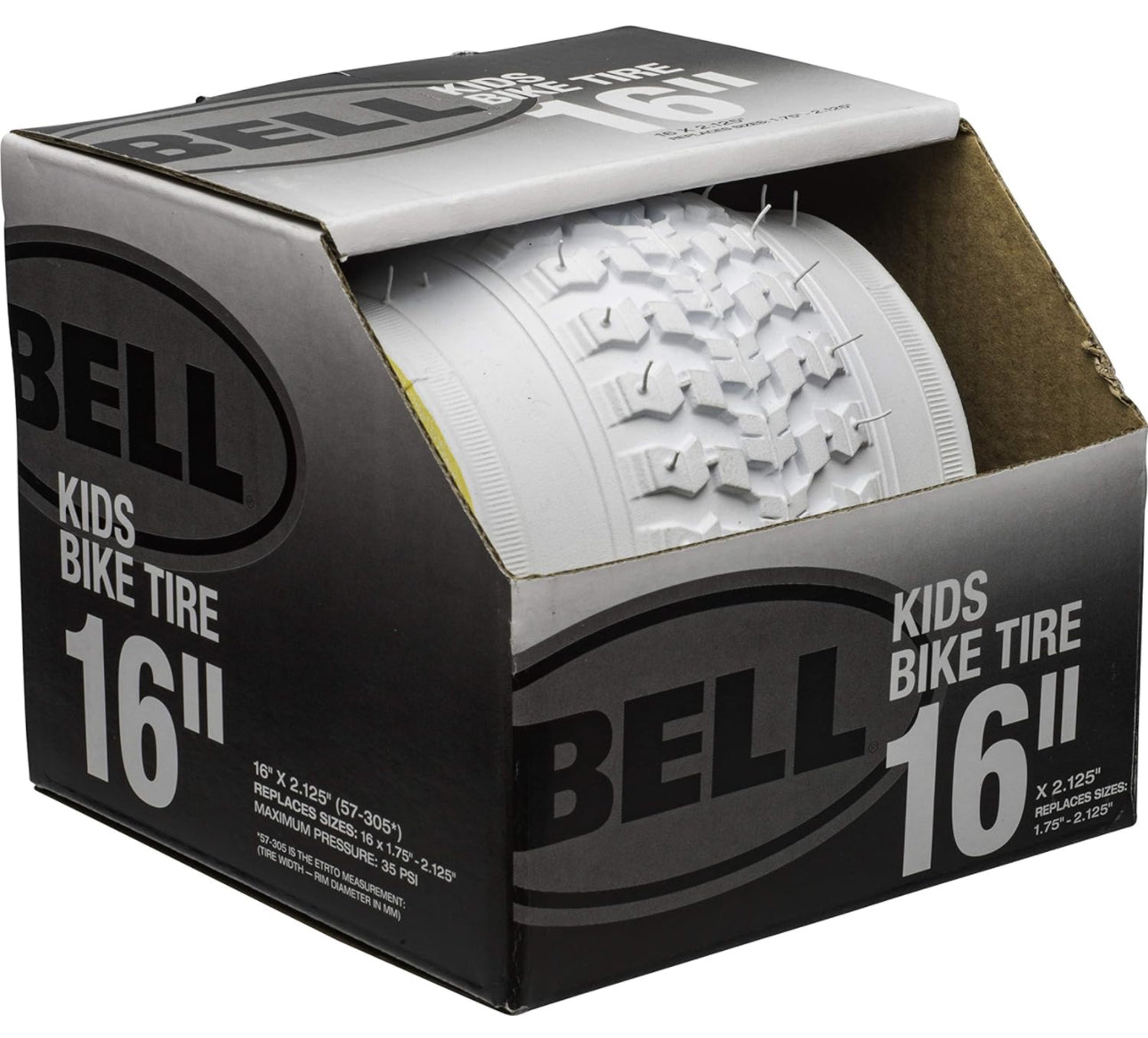 Bell 16-inch white kids bike tire with knobby tread pattern in retail packaging