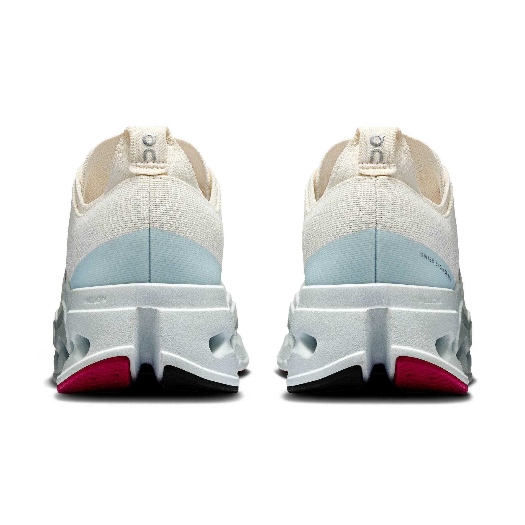 On Cloudsurfer Max women's running shoes in ivory and arctic blue colorway, rear view
