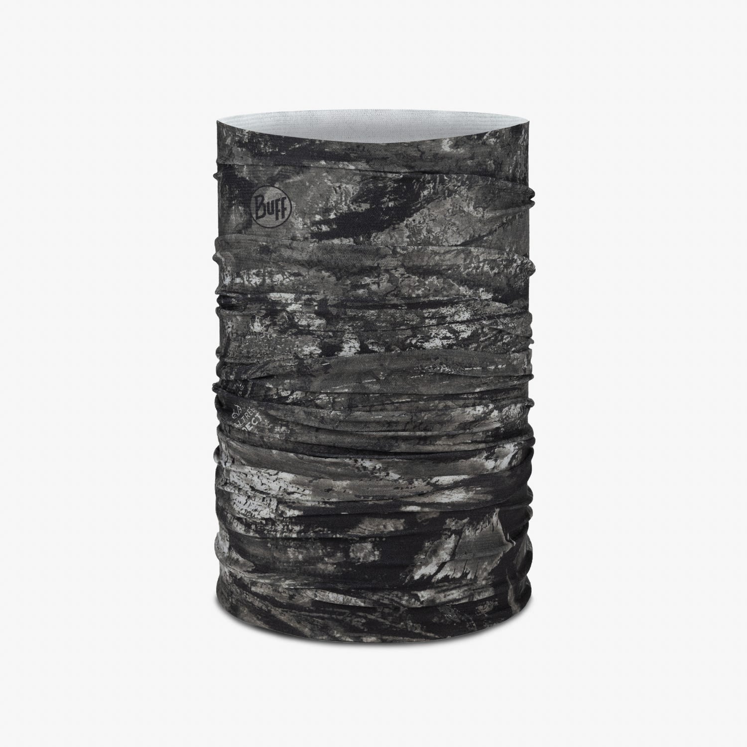 Buff Cool Net UV+ neck gaiter in gray bark camouflage pattern