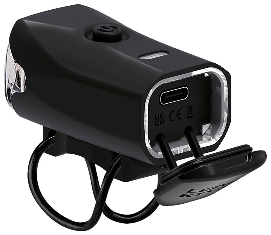Lezyne KTV 300+ black bike light showing USB-C charging port with cap open