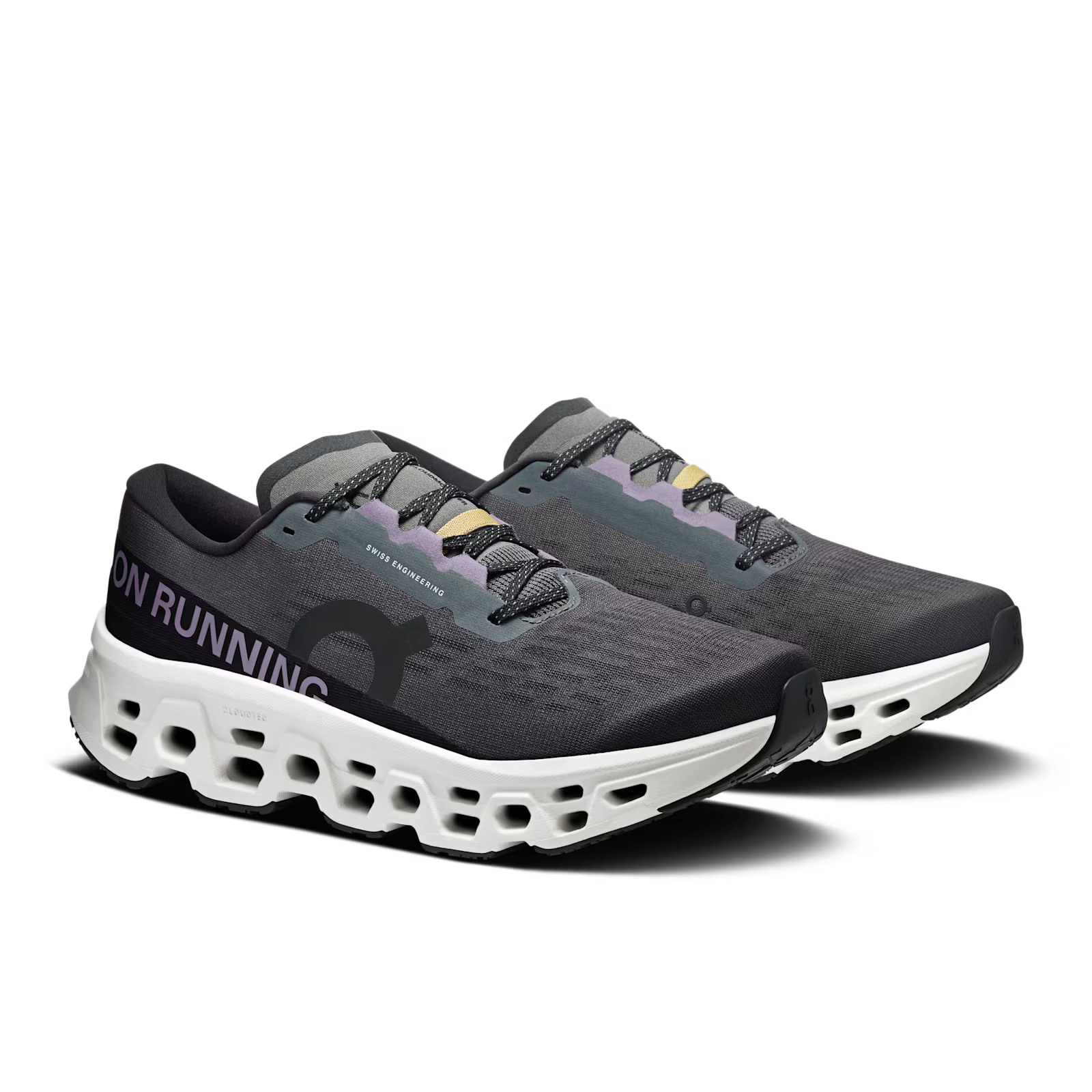 On Cloudmonster 3 men's running shoes in eclipse grey with distinctive white CloudTec sole