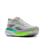 Brooks Adrenaline GTS 25 men's running shoe in oyster gray with green gecko and blue accents