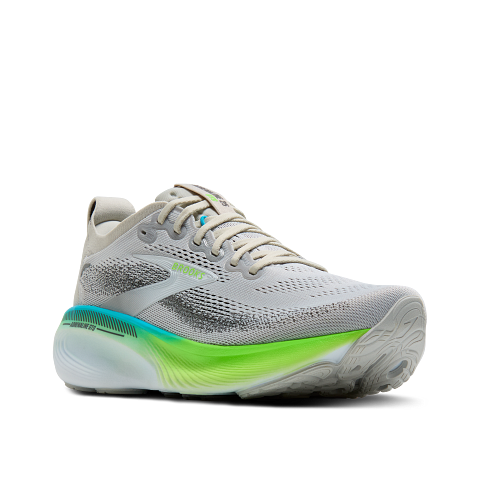 Brooks Adrenaline GTS 25 men's running shoe in oyster gray with green gecko and blue accents