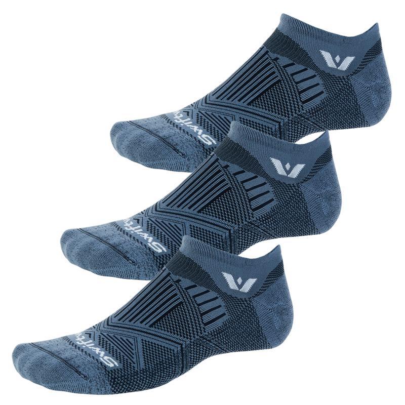 Three Swiftwick Aspire Zero Tab no-show running socks in denim navy color