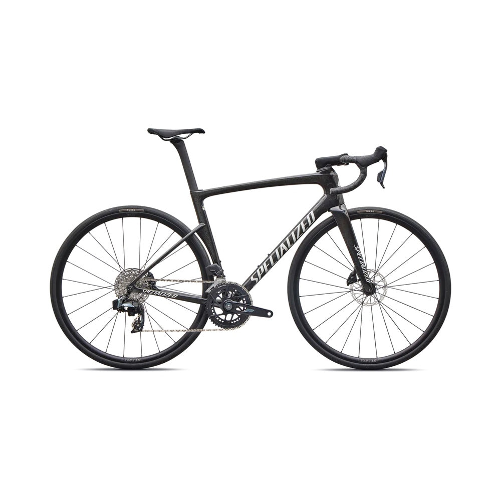 Specialized Tarmac SL9 Comp road bike in gloss charcoal tint dolomite metallic, side view