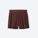 Brooks men's running shorts in dark reddish-brown with orange logo and trim details