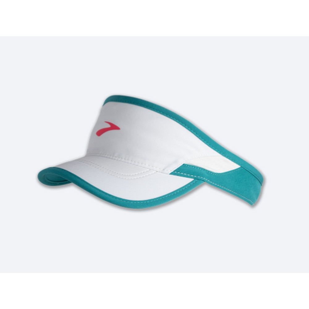 Brooks Chaser Visor in white and mint green with coral logo on clean background