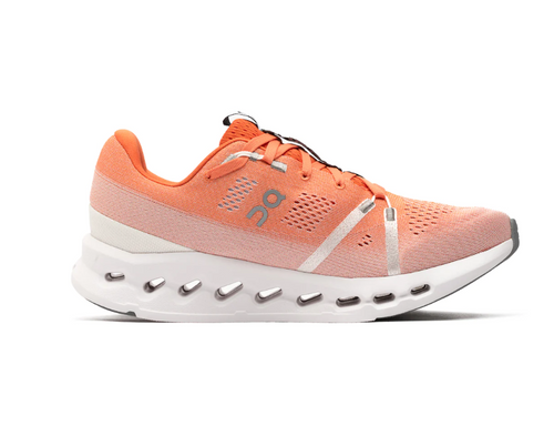 On Cloudsurfer running shoe in orange coral flame colorway with white CloudTec sole