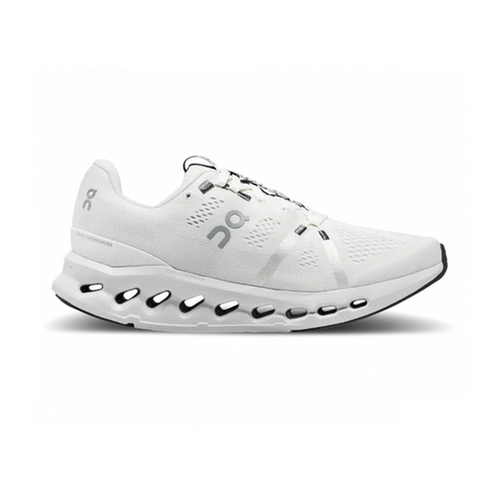 On Cloudsurfer men's running shoe in white with distinctive cloud sole technology