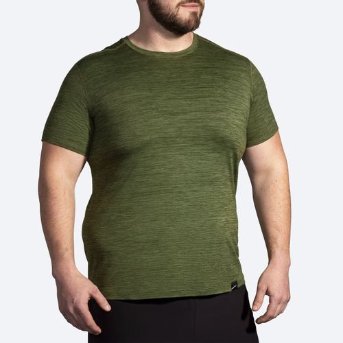 Brooks Luxe Short Sleeve t-shirt in HTR Carbon Green worn by male model