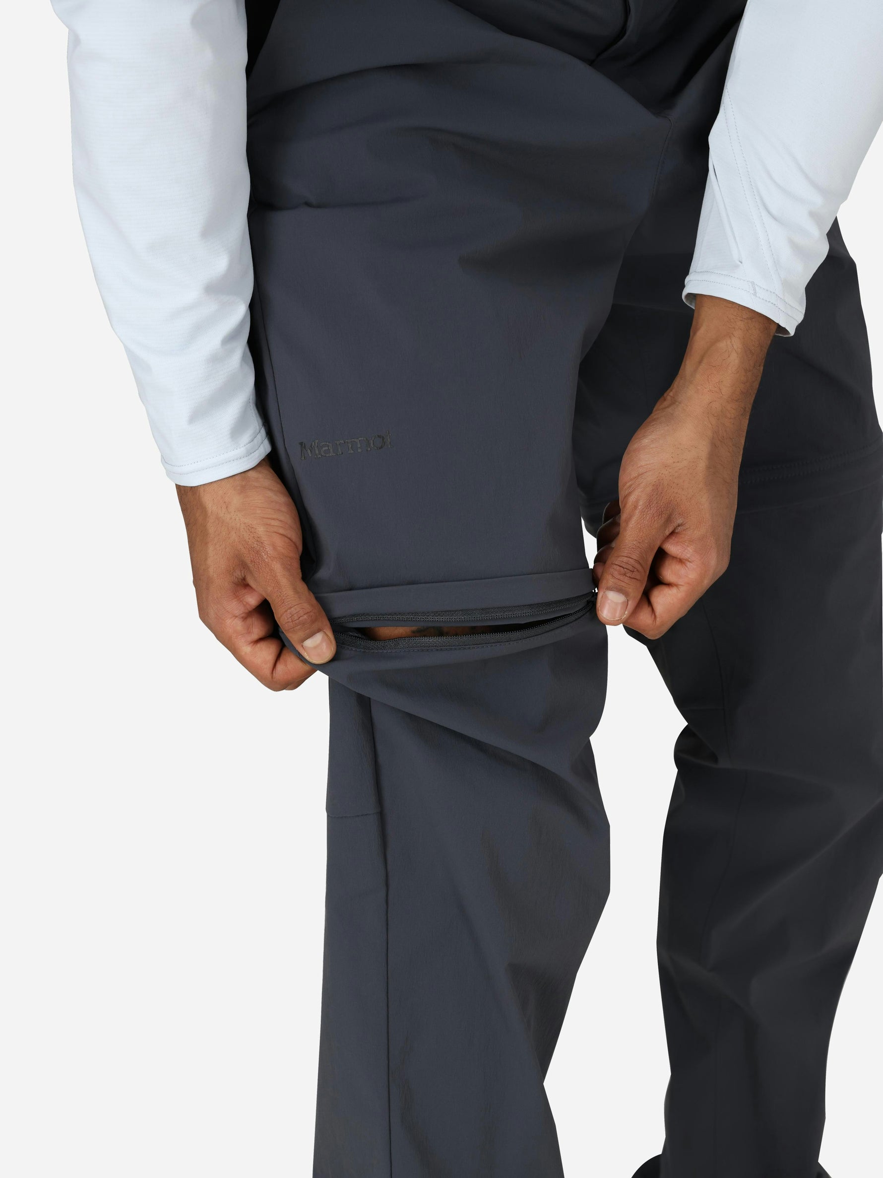 Marmot Men's Arch Rock Convertible Pants showing zip-off leg feature in Steel Onyx