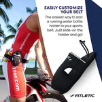 Fitletic black bottle holster shown on athlete cycling with belt customization text overlay