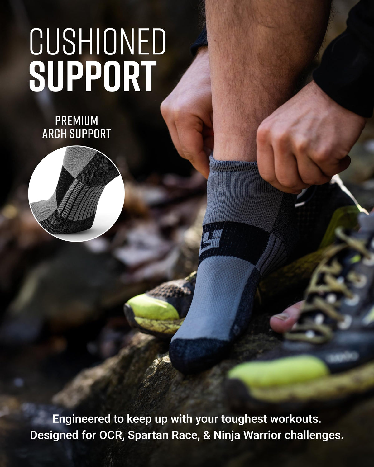 LEGG No Show Running Socks in grey and black with premium arch support, worn outdoors