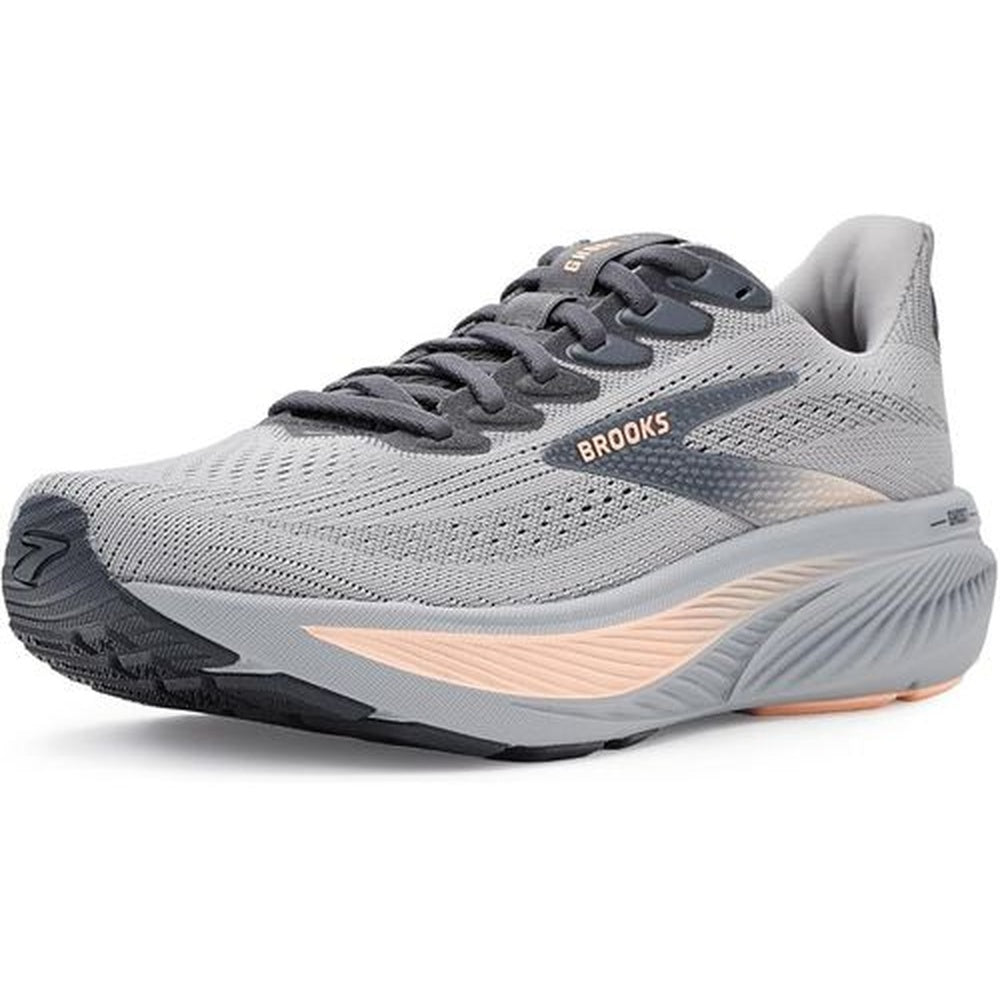 Brooks Ghost 17 women's running shoe in alloy gray with peach accents