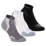 Three Experia low cut athletic socks in black, white, and gray colors