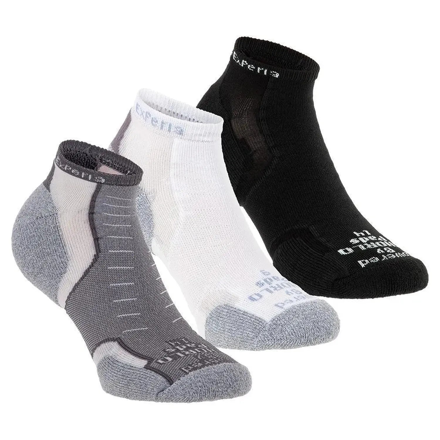 Three Experia low cut athletic socks in black, white, and gray colors