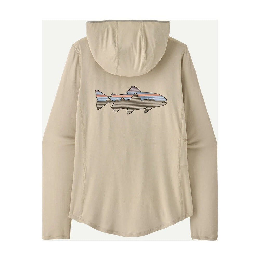 Patagonia Tropic Comfort hoody in pumice with Fitz Roy trout graphic on back