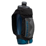 Nathan QuickSqueeze 22oz handheld water bottle in black and marine blue with adjustable strap