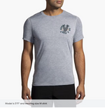 Brooks Distance Short Sleeve 3.0 men's heather ash gray running shirt with dog graphic